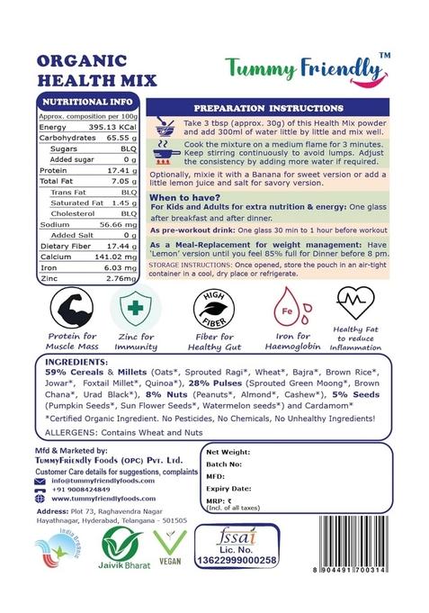 Tummyfriendly Foods Certified Organic Health Mix Powder For Adults, Kids, Women. Made With Sprouted Ragi Powder, Green Moong, Oats, Nuts, Seeds | Multigrain Millet Health Mix | 800G