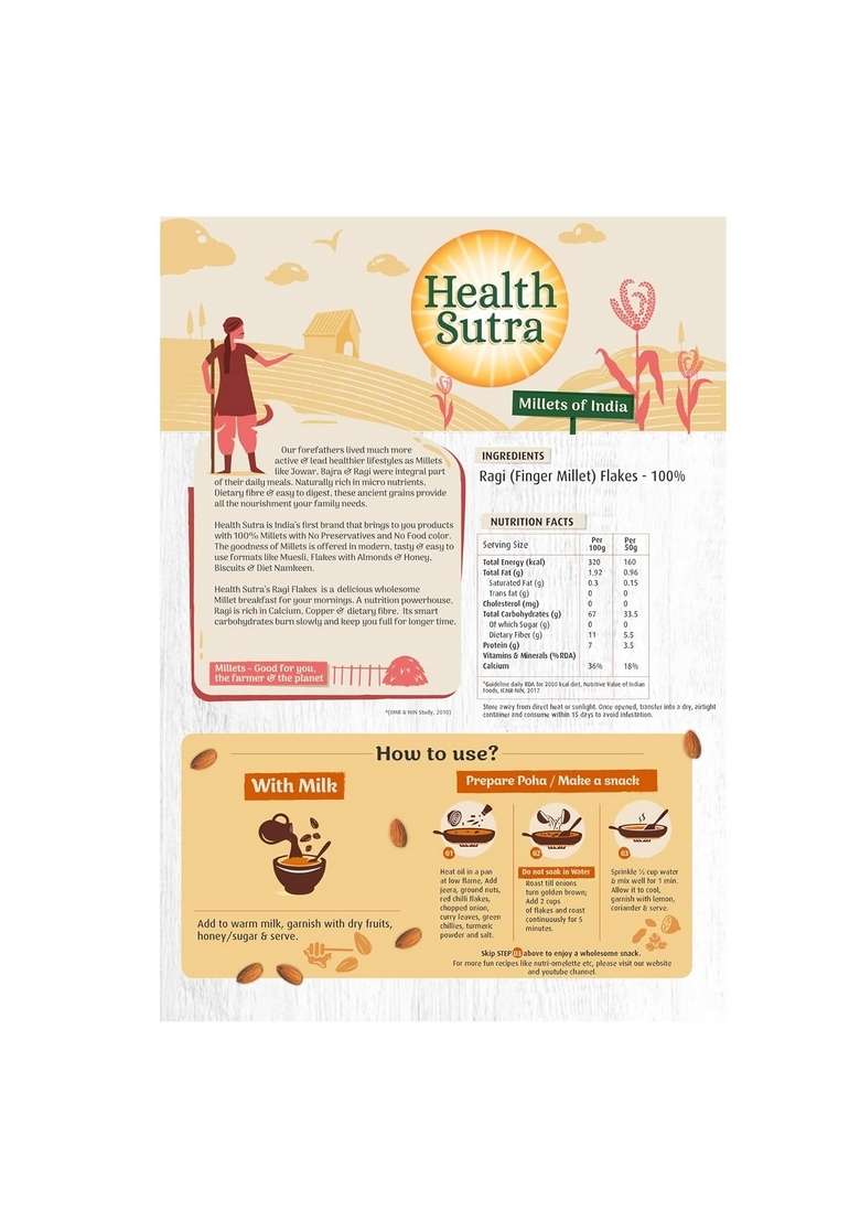 Health Sutra Ragi Flakes, 500 Gm - Gluten Free, Calcium & Dietary Fibre Rich Breakfast - Unflavored & Toasted Alternative To Oats - Indya