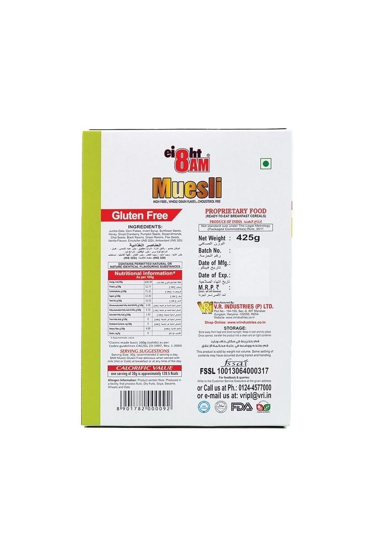 8Am Muesli Gluten Free, Wholegrain Breakfast Cereal Flakes, Dry Fruits, Flax, Chia, Pumkin Seeds And A Blend Of Honey, Roasted Nuts And Seeds, 425G | Protein & Fiber Rich, Cholesterol Free