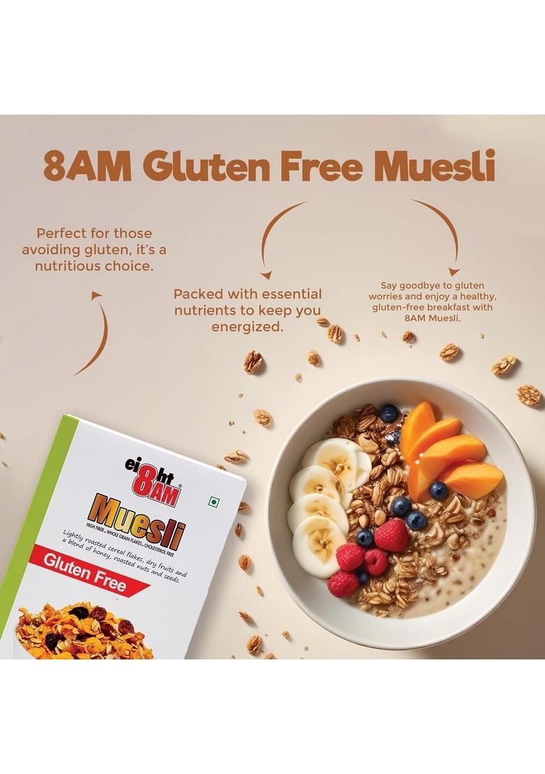 8Am Muesli Gluten Free, Wholegrain Breakfast Cereal Flakes, Dry Fruits, Flax, Chia, Pumkin Seeds And A Blend Of Honey, Roasted Nuts And Seeds, 425G | Protein & Fiber Rich, Cholesterol Free