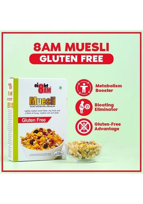 8Am Muesli Gluten Free, Wholegrain Breakfast Cereal Flakes, Dry Fruits, Flax, Chia, Pumkin Seeds And A Blend Of Honey, Roasted Nuts And Seeds, 425G | Protein & Fiber Rich, Cholesterol Free