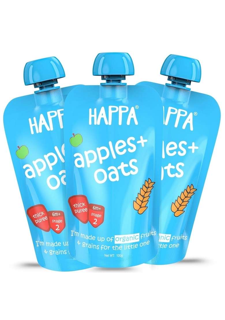 Happa Organic Baby Food Apple And Oats Puree | 100% Fruits And Oats | No Added Sugar, No Milk Powder, No Preservatives | Stage 2 (6 Months+) | Ready To Eat | Free From Common Allergens | Pack Of 3 (100G Each) - Indya