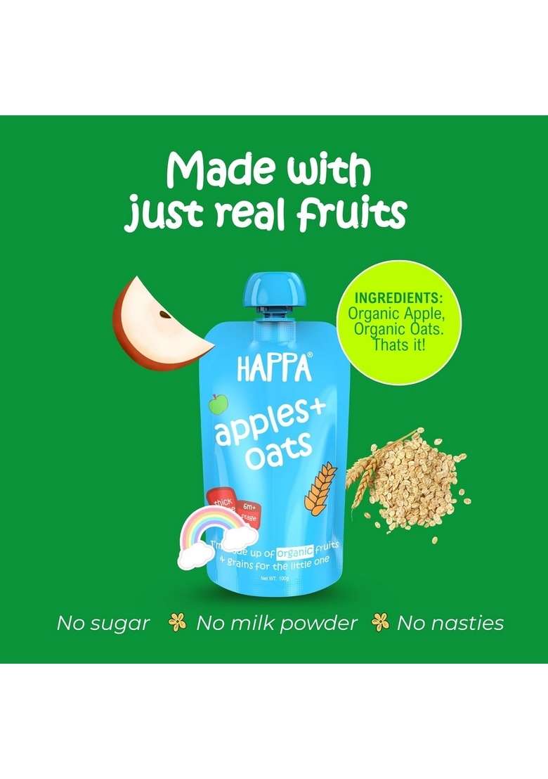 Happa Organic Baby Food Apple And Oats Puree | 100% Fruits And Oats | No Added Sugar, No Milk Powder, No Preservatives | Stage 2 (6 Months+) | Ready To Eat | Free From Common Allergens | Pack Of 3 (100G Each) - Indya