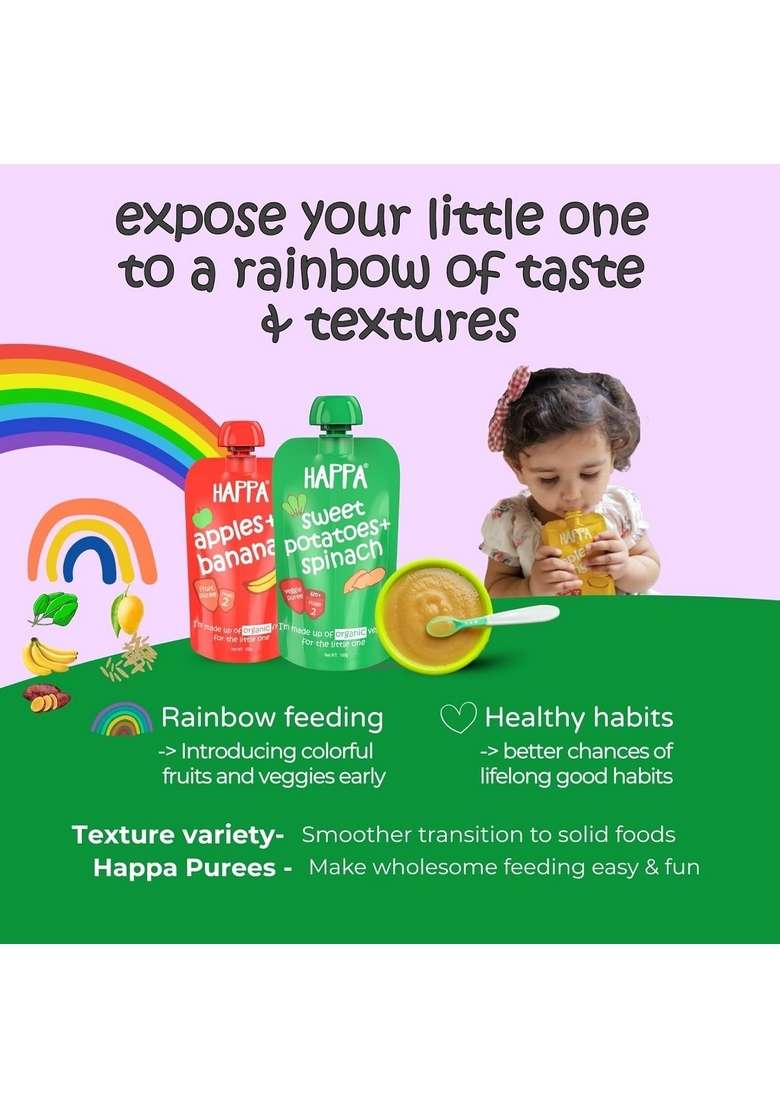 Happa Organic Baby Food Apple And Oats Puree | 100% Fruits And Oats | No Added Sugar, No Milk Powder, No Preservatives | Stage 2 (6 Months+) | Ready To Eat | Free From Common Allergens | Pack Of 3 (100G Each) - Indya