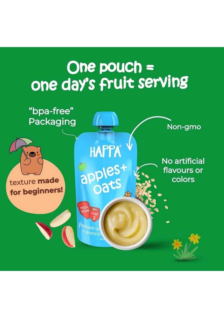 Happa Organic Baby Food Apple And Oats Puree | 100% Fruits And Oats | No Added Sugar, No Milk Powder, No Preservatives | Stage 2 (6 Months+) | Ready To Eat | Free From Common Allergens | Pack Of 3 (100G Each) - Indya