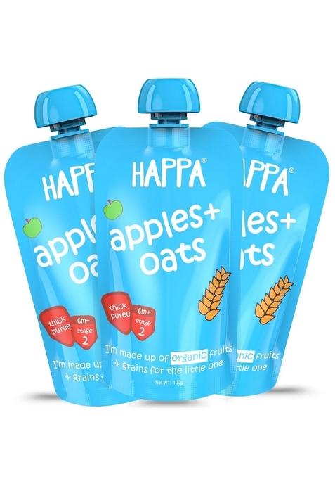 Happa Organic Baby Food Apple And Oats Puree | 100% Fruits And Oats | No Added Sugar, No Milk Powder, No Preservatives | Stage 2 (6 Months+) | Ready To Eat | Free From Common Allergens | Pack Of 3 (100G Each)