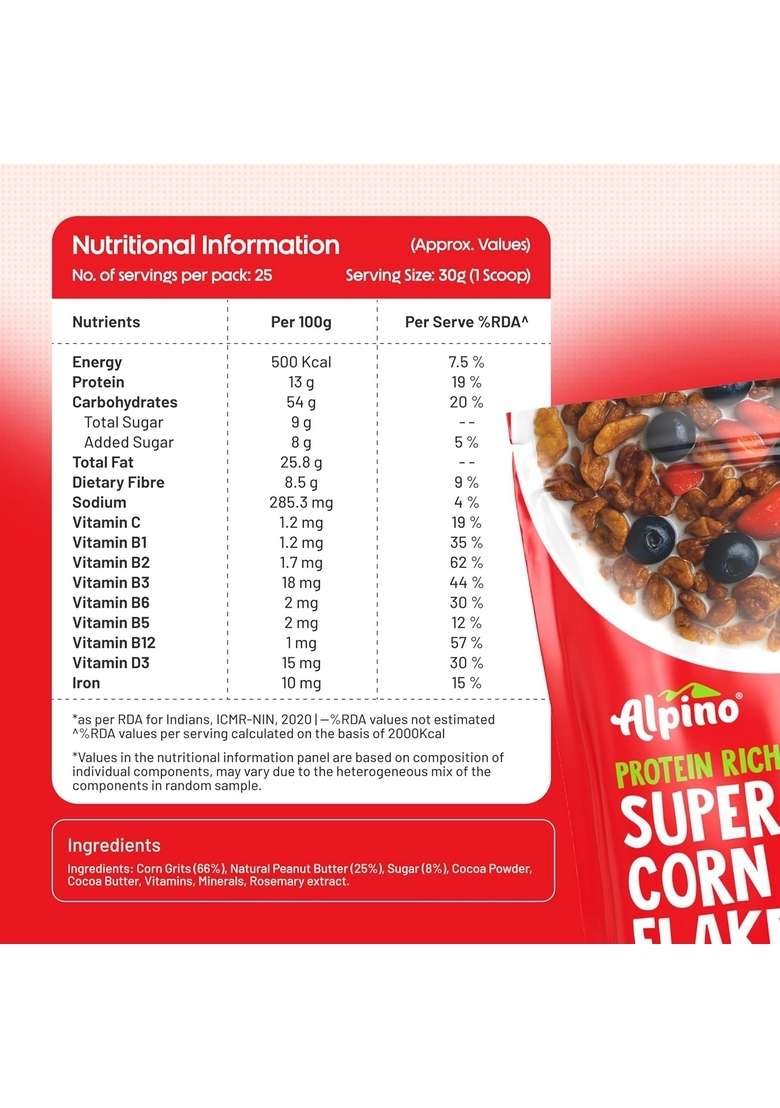 Alpino Protein-Rich Super Corn Flakes Chocolate 750G - 13% Protein, Natural Peanut Butter, Brown Sugar - Source Of Healthy Fats & Dietary Fibre, Added Vitamins & Minerals - Indya