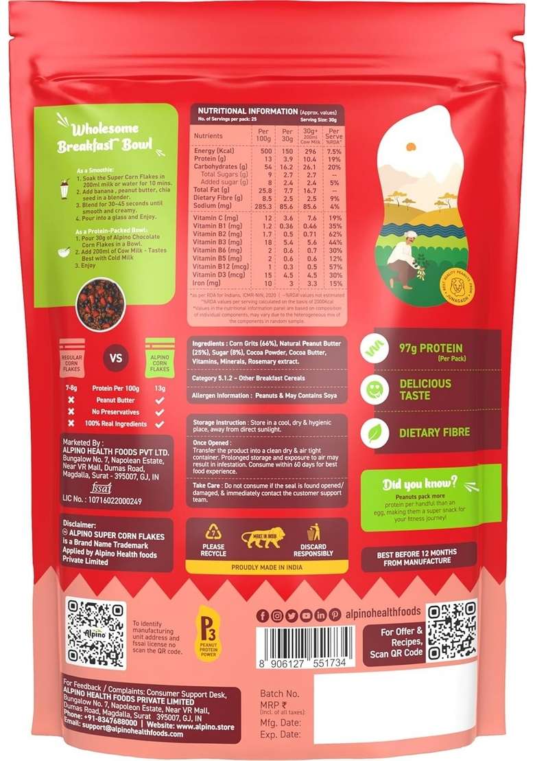 Alpino Protein-Rich Super Corn Flakes Chocolate 750G - 13% Protein, Natural Peanut Butter, Brown Sugar - Source Of Healthy Fats & Dietary Fibre, Added Vitamins & Minerals - Indya