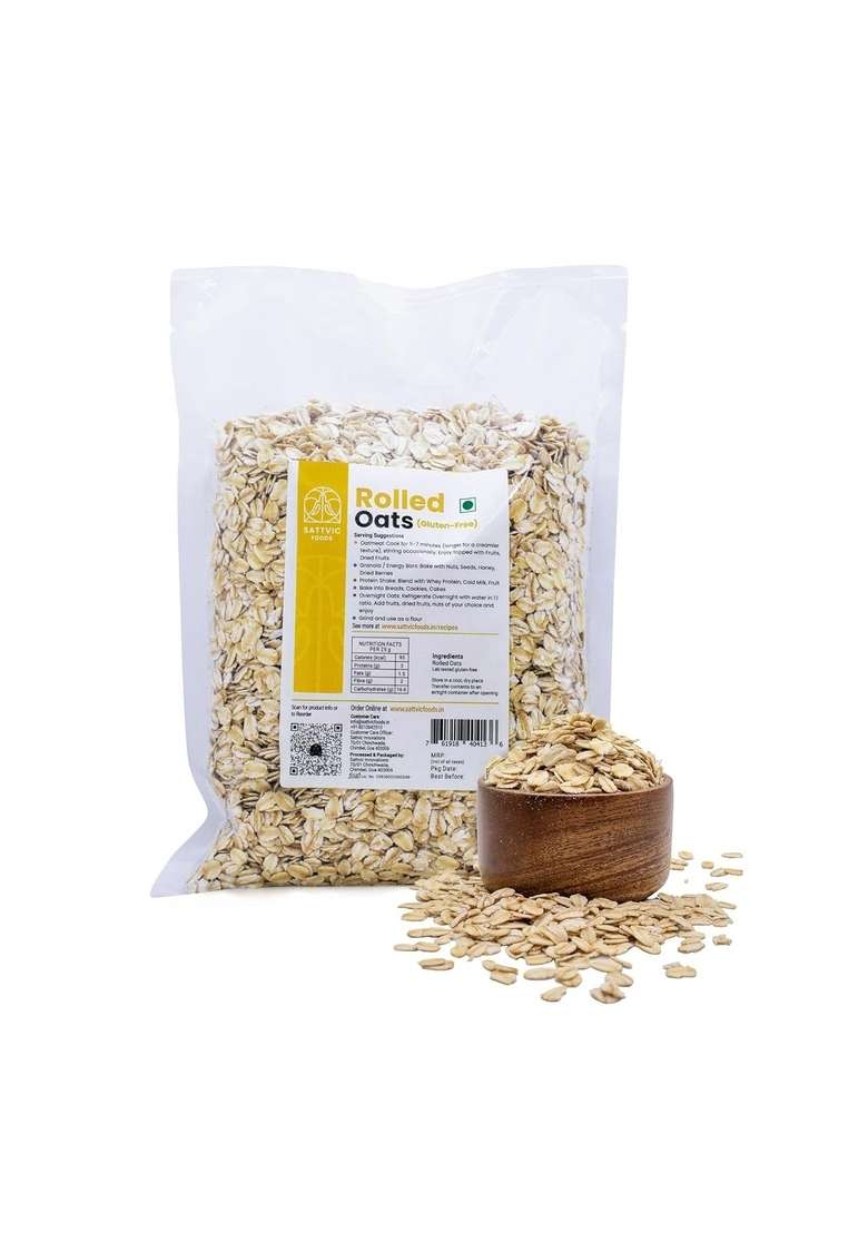Sattvic Foods Jumbo Rolled Oats (500 G) | Gluten-Free, Large Old Fashioned Rolled Oat Flakes | High In Fibre And Protein | Make Oatmeal, Overnight Oats, Muesli, Granola Bars, Use In Baking - Indya