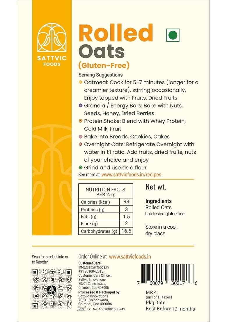 Sattvic Foods Jumbo Rolled Oats (500 G) | Gluten-Free, Large Old Fashioned Rolled Oat Flakes | High In Fibre And Protein | Make Oatmeal, Overnight Oats, Muesli, Granola Bars, Use In Baking - Indya