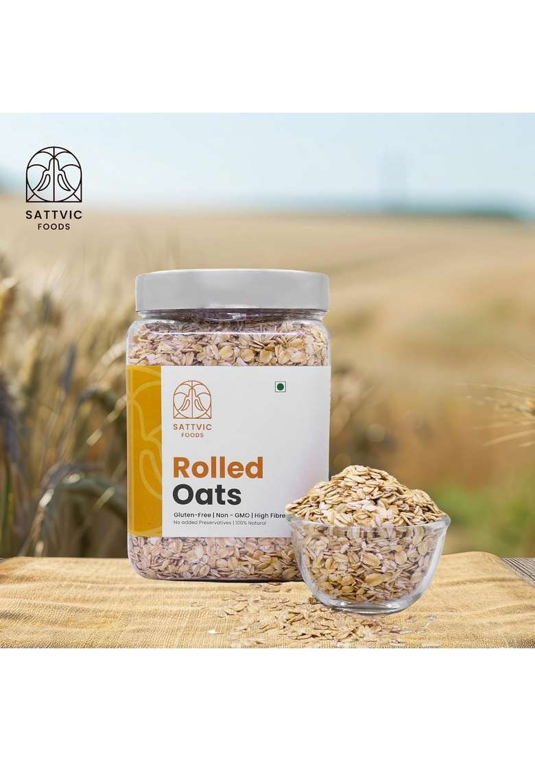 Sattvic Foods Jumbo Rolled Oats (500 G) | Gluten-Free, Large Old Fashioned Rolled Oat Flakes | High In Fibre And Protein | Make Oatmeal, Overnight Oats, Muesli, Granola Bars, Use In Baking - Indya
