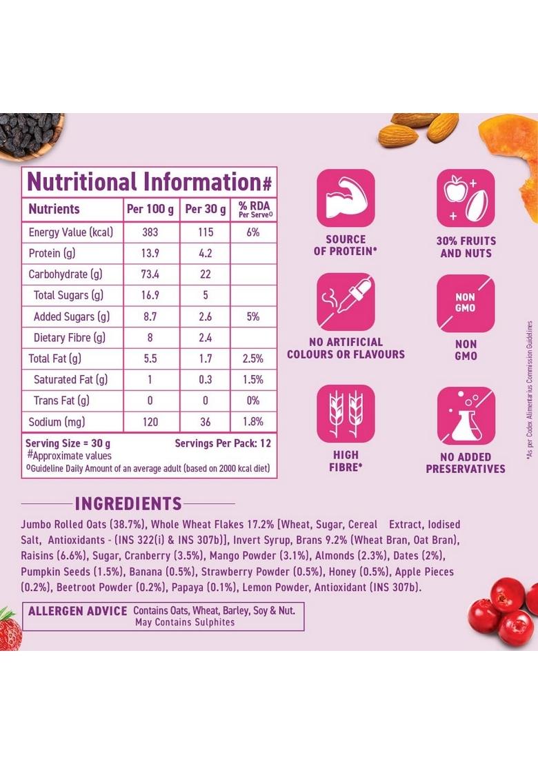 Bagrry'S Crunchy Muesli With 30% Fruit & Nut Cranberries 375Gm Pouch |38% Fibre Rich Oats|No Sugar Infused Fruits|Real Fruits|Breakfast Cereal|Protein Rich|Cranberry Muesli