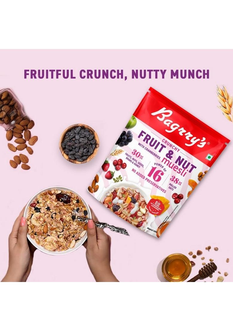 Bagrry'S Crunchy Muesli With 30% Fruit & Nut Cranberries 375Gm Pouch |38% Fibre Rich Oats|No Sugar Infused Fruits|Real Fruits|Breakfast Cereal|Protein Rich|Cranberry Muesli