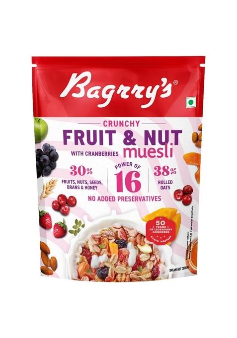 Bagrry'S Crunchy Muesli With 30% Fruit & Nut Cranberries 375Gm Pouch |38% Fibre Rich Oats|No Sugar Infused Fruits|Real Fruits|Breakfast Cereal|Protein Rich|Cranberry Muesli
