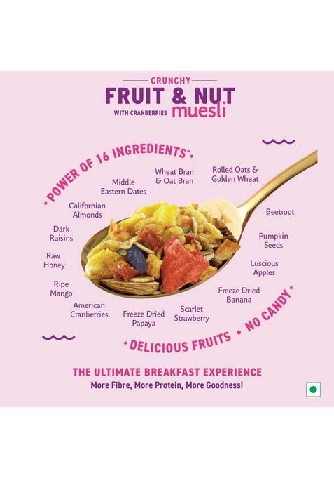 Bagrry'S Crunchy Muesli With 30% Fruit & Nut Cranberries 375Gm Pouch |38% Fibre Rich Oats|No Sugar Infused Fruits|Real Fruits|Breakfast Cereal|Protein Rich|Cranberry Muesli