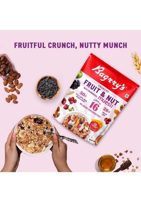 Bagrry'S Crunchy Muesli With 30% Fruit & Nut Cranberries 375Gm Pouch |38% Fibre Rich Oats|No Sugar Infused Fruits|Real Fruits|Breakfast Cereal|Protein Rich|Cranberry Muesli