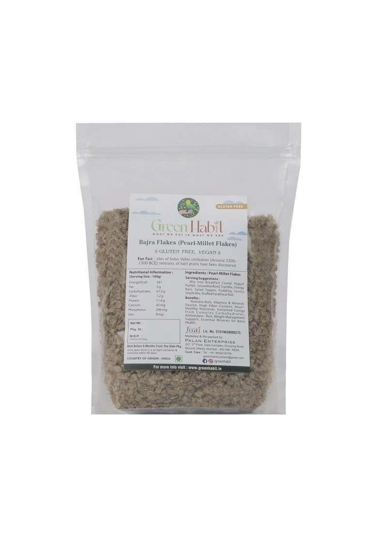 Greenhabit Bajra Flakes 500Gm - Nutritious And Gluten-Free Pearl Millet Poha - High Fiber Breakfast Vegan (Bajra Flakes, 500 Gm) - Indya