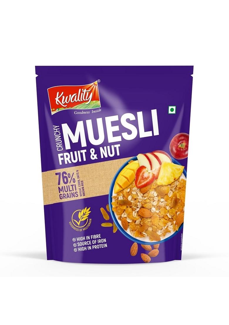 Kwality Muesli Fruit & Nut 75G | 72% Multi Grains | No Maida | Natural Source Of Vitamin & Iron | High In Protein & Fiber | Low Fat & Cholesterol | Healthy Food & Breakfast Cereal
