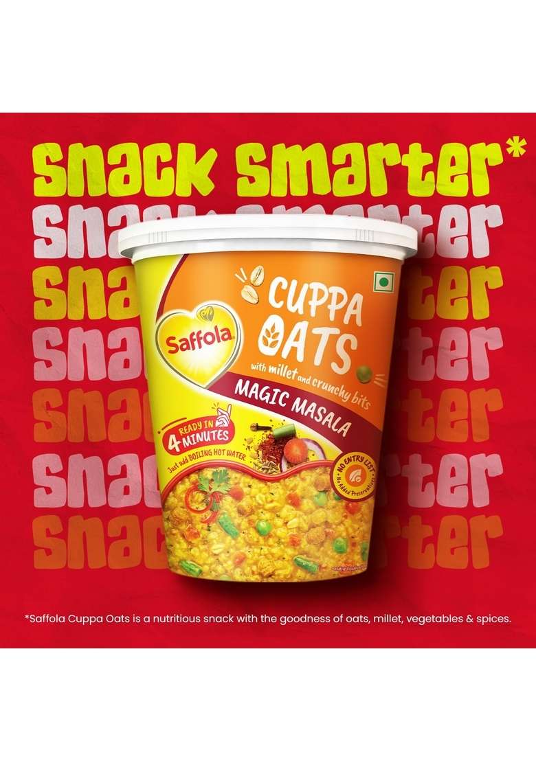 Saffola Cuppa Oats, Magic Masala | Tasty Mazedaar Snack | Just Add Hot Water | Goodness Of Jowar & Veggies | No Maida, No Added Preservatives | Helps Manage Weight | 52G - Indya