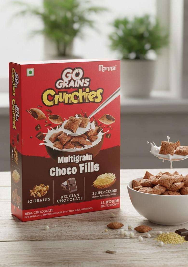 Manna Choco Fills 450G Multigrain. Zero Maida, 10 Grains Protein & Fibre Rich Breakfast Cereal Or Anytime Snack. Go Grains Chocolate Crunchies, 12 Hour Nutrition In Bowl - Indya