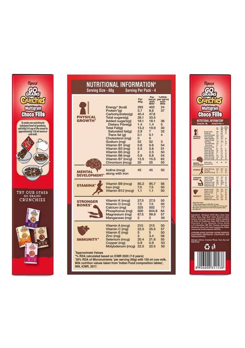 Manna Choco Fills 450G Multigrain. Zero Maida, 10 Grains Protein & Fibre Rich Breakfast Cereal Or Anytime Snack. Go Grains Chocolate Crunchies, 12 Hour Nutrition In Bowl - Indya