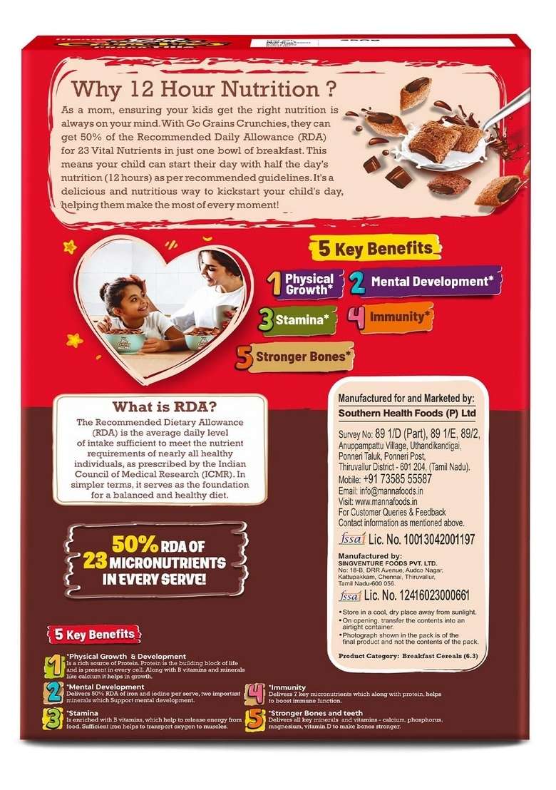 Manna Choco Fills 450G Multigrain. Zero Maida, 10 Grains Protein & Fibre Rich Breakfast Cereal Or Anytime Snack. Go Grains Chocolate Crunchies, 12 Hour Nutrition In Bowl - Indya