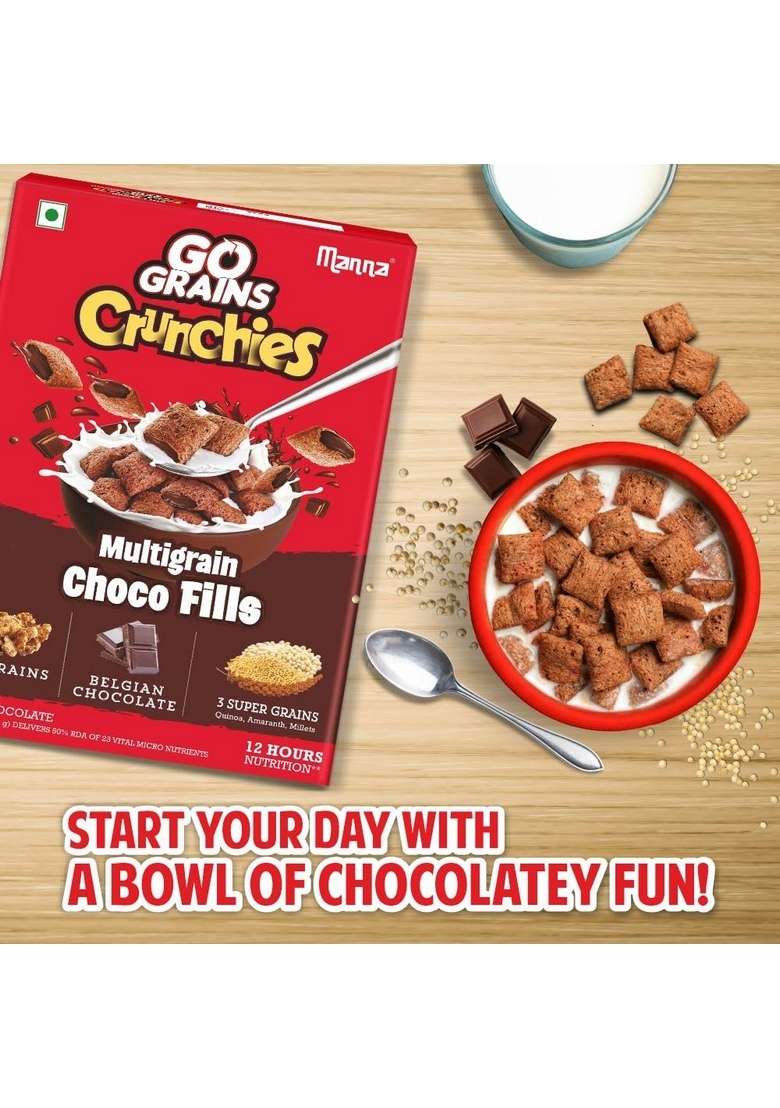 Manna Choco Fills 450G Multigrain. Zero Maida, 10 Grains Protein & Fibre Rich Breakfast Cereal Or Anytime Snack. Go Grains Chocolate Crunchies, 12 Hour Nutrition In Bowl - Indya
