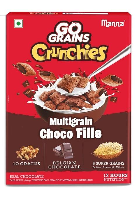 Manna Choco Fills 450G Multigrain. Zero Maida, 10 Grains Protein & Fibre Rich Breakfast Cereal Or Anytime Snack. Go Grains Chocolate Crunchies, 12 Hour Nutrition In Bowl