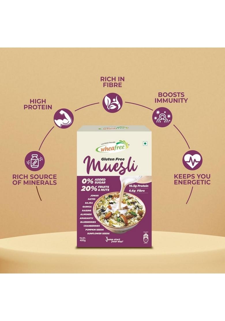 Wheafree Gluten Free Muesli (400G) | Goodness Of 5 Grains, Seeds, Nuts And Berries | No Trans Fat | No Added Sugar | No Preservatives