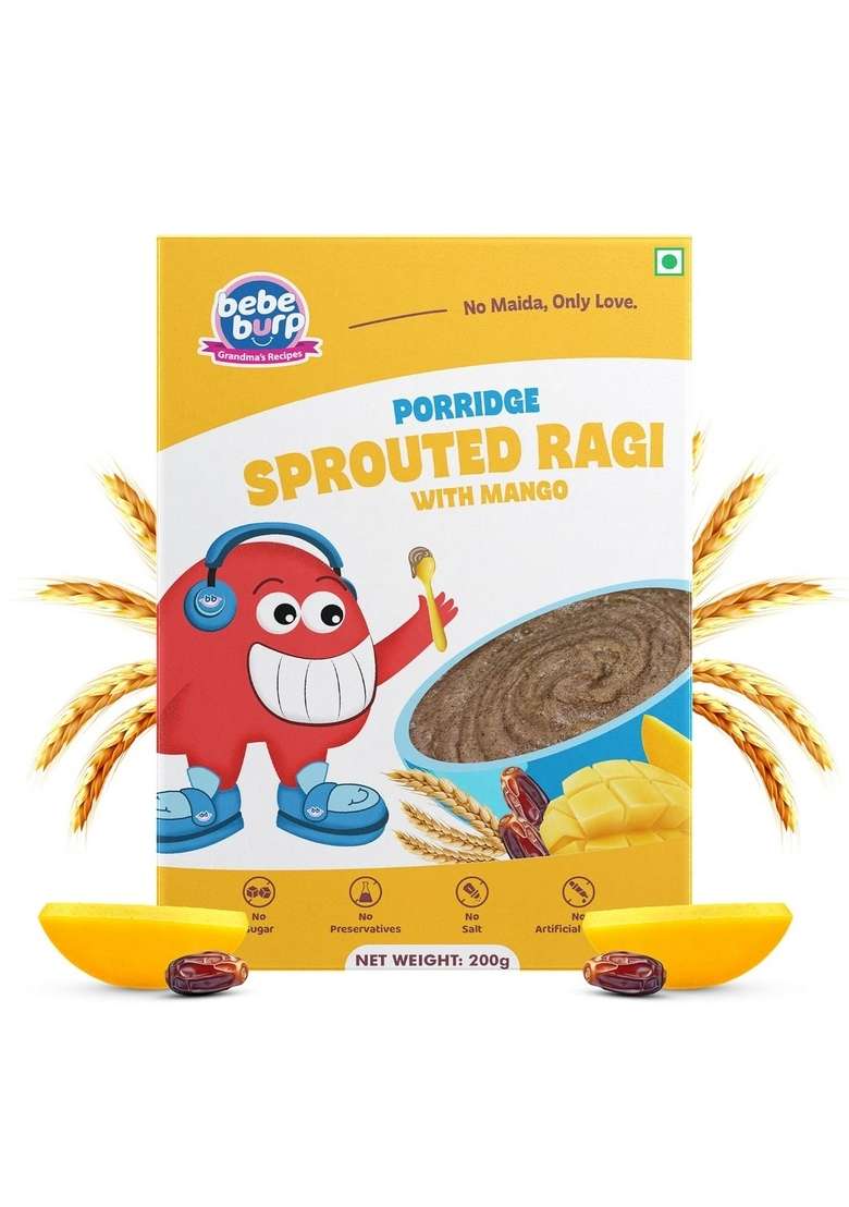 Bebe Burp No Added Sugar Instant Cereal | Sprouted Ragi With Mango | No Preservatives No Salt | Lightly Sweetened With Date Powder | Made With Ragi, 200G - Indya