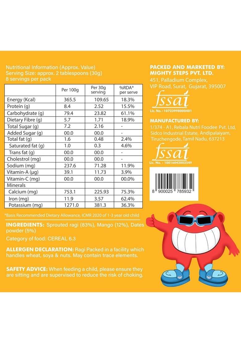 Bebe Burp No Added Sugar Instant Cereal | Sprouted Ragi With Mango | No Preservatives No Salt | Lightly Sweetened With Date Powder | Made With Ragi, 200G - Indya