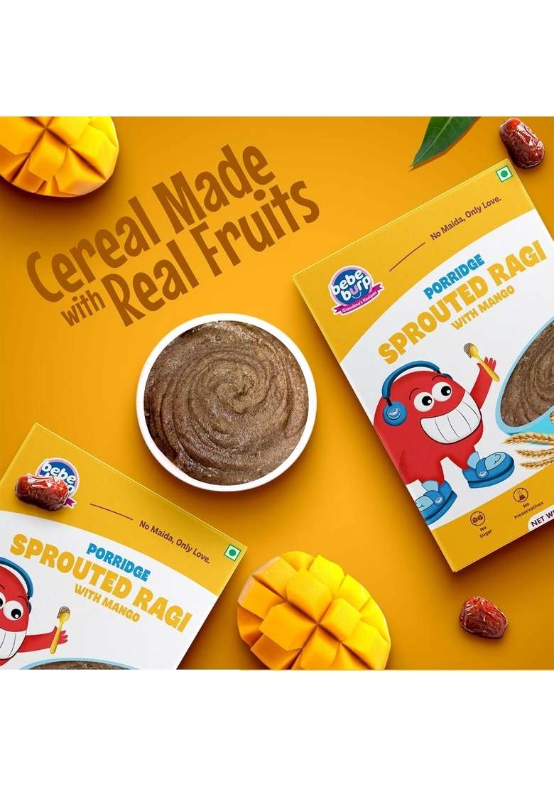 Bebe Burp No Added Sugar Instant Cereal | Sprouted Ragi With Mango | No Preservatives No Salt | Lightly Sweetened With Date Powder | Made With Ragi, 200G - Indya