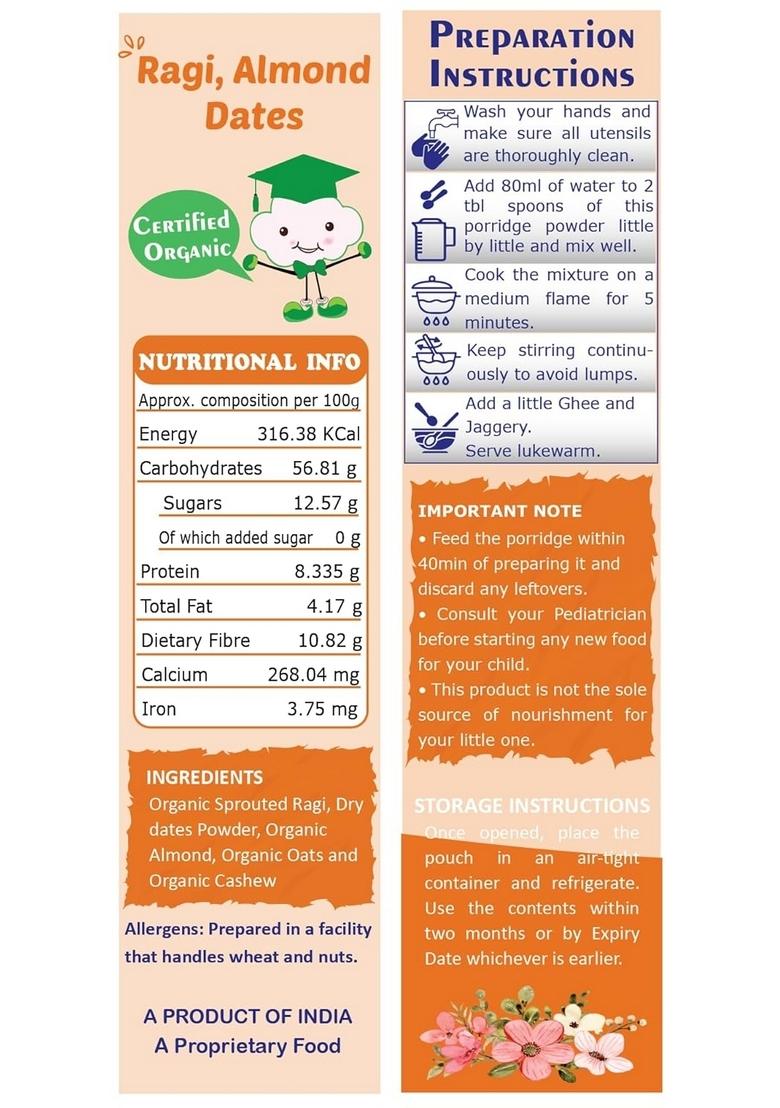 Tummyfriendly Foods Organic Sprouted Ragi Almond Dates Porridge Mix | Made Of Sprouted Ragi Powder For Baby Cereal | Available In Trial Packs Too | Toddler Food | Shelf-Life 9 Month | 200G