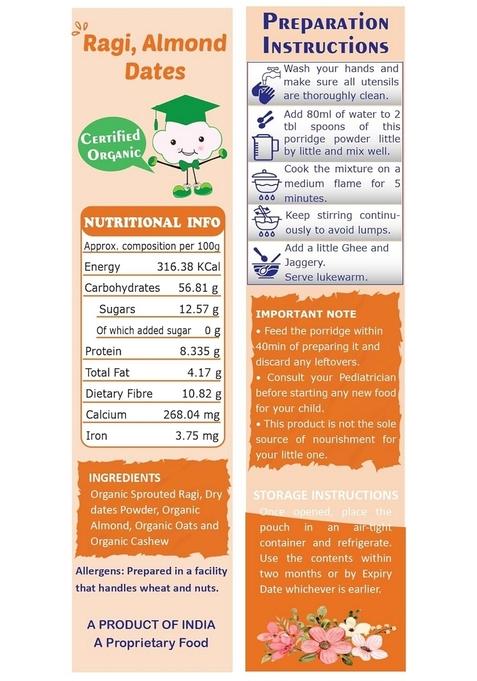 Tummyfriendly Foods Organic Sprouted Ragi Almond Dates Porridge Mix | Made Of Sprouted Ragi Powder For Baby Cereal | Available In Trial Packs Too | Toddler Food | Shelf-Life 9 Month | 200G