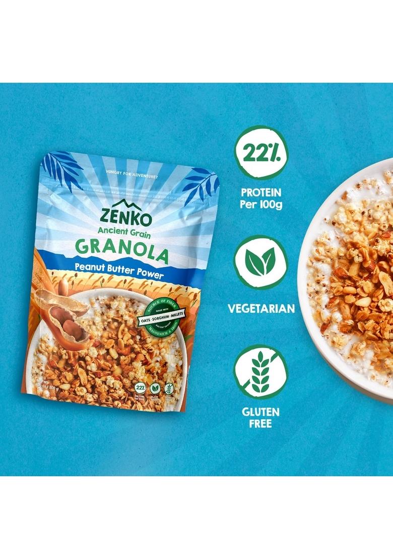 Zenko Ancient Grain Granola | Peanut Butter Power | Natural Ingredients With Almonds, Peanuts | High Protein, Gluten Free, Plant Based | 300G