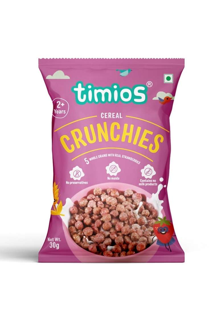 Timios Crunchies Breakfast Cereals Pouch | With Real Strawberries | Pack Of 8 - Indya