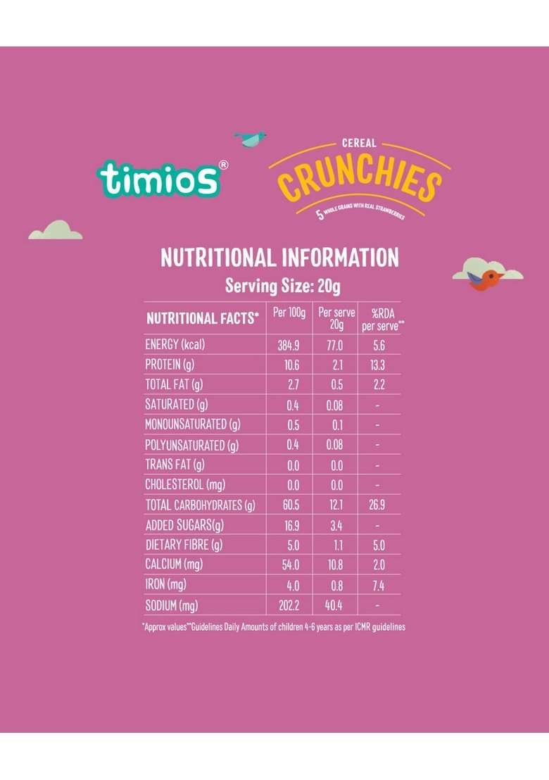 Timios Crunchies Breakfast Cereals Pouch | With Real Strawberries | Pack Of 8 - Indya