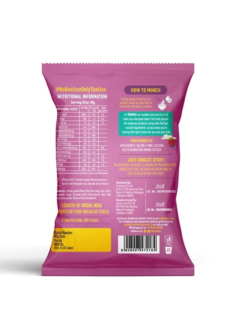 Timios Crunchies Breakfast Cereals Pouch | With Real Strawberries | Pack Of 8 - Indya