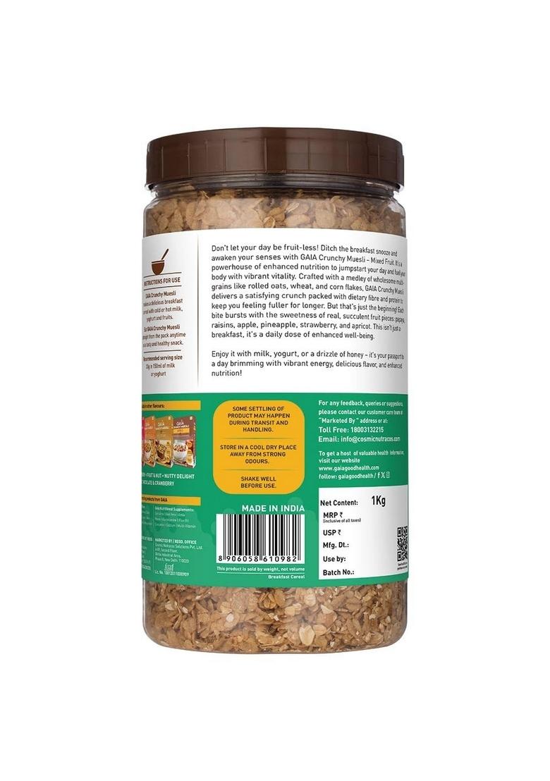 Gaia Crunchy Muesli – Mixed Fruit, 1Kg | High-Fiber Multigrain Breakfast Cereal With Real Dried Fruits | Low Fat, No Trans Fat, Healthy & Nutritious