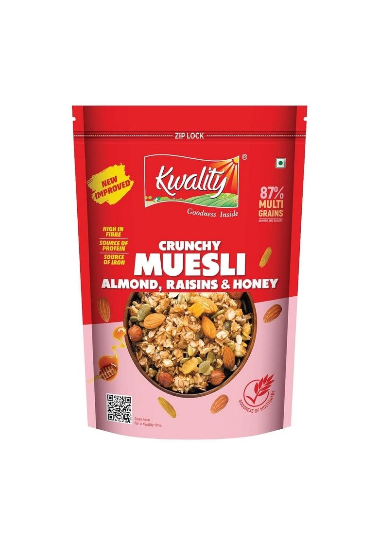 Kwality Muesli – Almond, Raisins & Honey 750G | 87% Multi Grains | High-Fibre, Protein-Rich Multigrain Breakfast Cereal With Rolled Oats, Crunchy Nuts & Natural Honey, No Preservatives