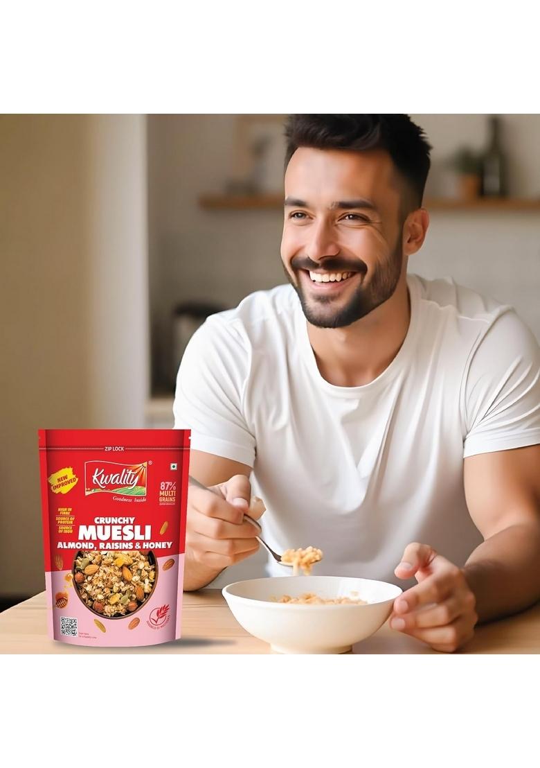 Kwality Muesli – Almond, Raisins & Honey 750G | 87% Multi Grains | High-Fibre, Protein-Rich Multigrain Breakfast Cereal With Rolled Oats, Crunchy Nuts & Natural Honey, No Preservatives