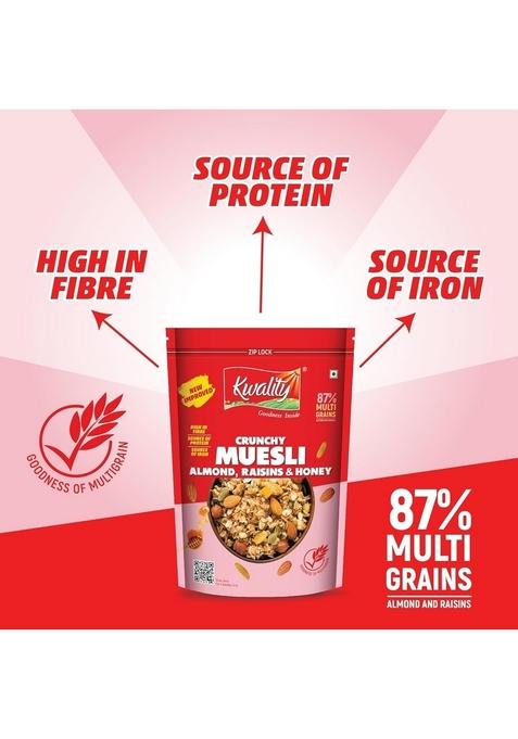 Kwality Muesli – Almond, Raisins & Honey 750G | 87% Multi Grains | High-Fibre, Protein-Rich Multigrain Breakfast Cereal With Rolled Oats, Crunchy Nuts & Natural Honey, No Preservatives