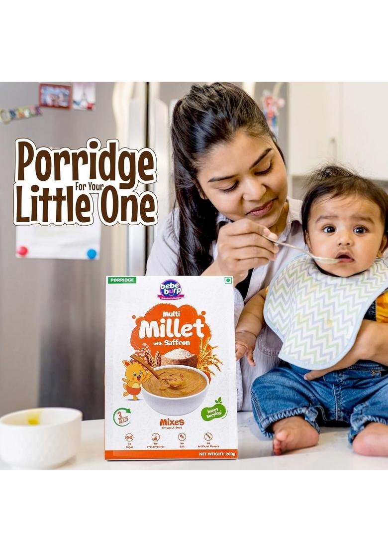 Bebe Burp No Added Sugar Instant Cereal | Multi Millet With Saffron | No Preservatives No Salt | Lightly Sweetened With Date Powder | Made With Multigrain Millets, Jowar, Rice 200G
