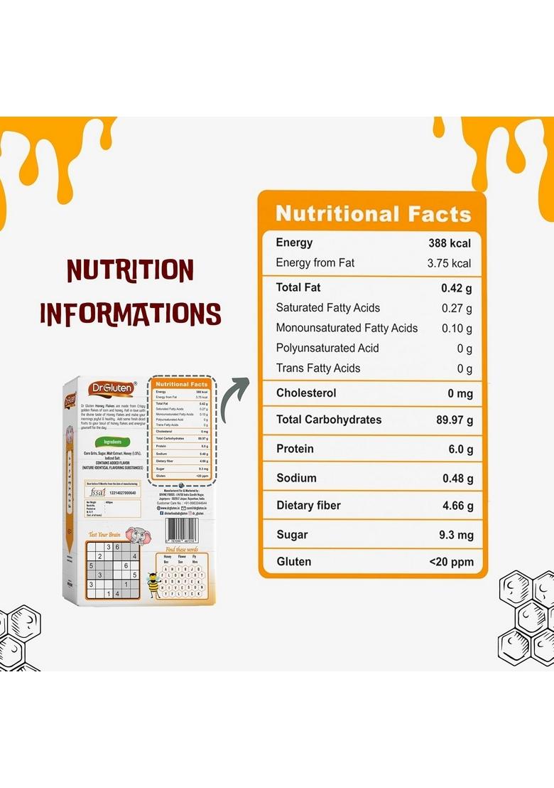 Dr. Gluten Honey Corn Flakes 400 Gms | Gluten Free & Wheat Free | High In Dietary Fiber, Iron, Vitamins & Protein | No Added Colours & Flavours | Helps In Weight Management | Breakfast Cereal
