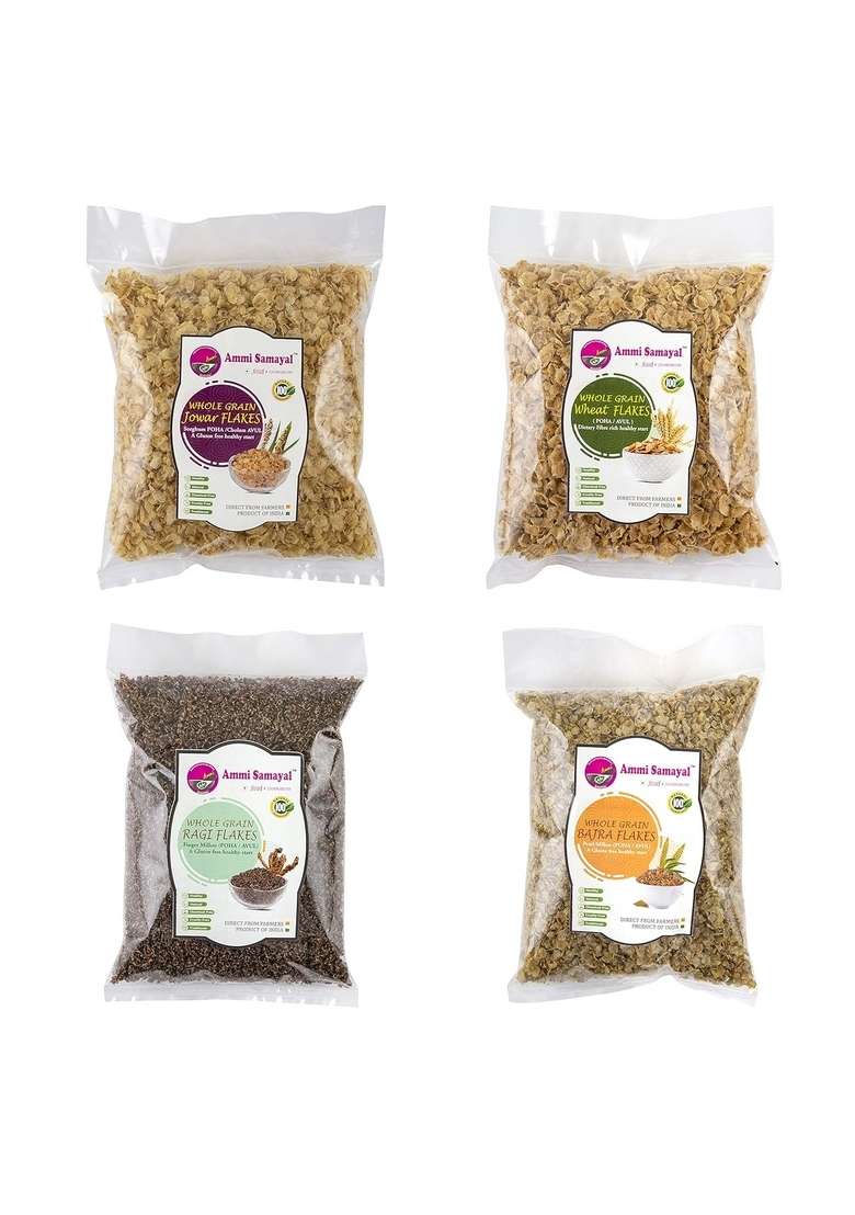 Ammi Samayal Combo Of Bajra, Jowar, Wheat And Ragi Flakes (Poha) | Organic Gluten Free High Fiber Flakes | Breakfast Combo Cereal Poha | Miracle Millet Best For Weight Loss | Pack Of 4 | 500G Each - Indya