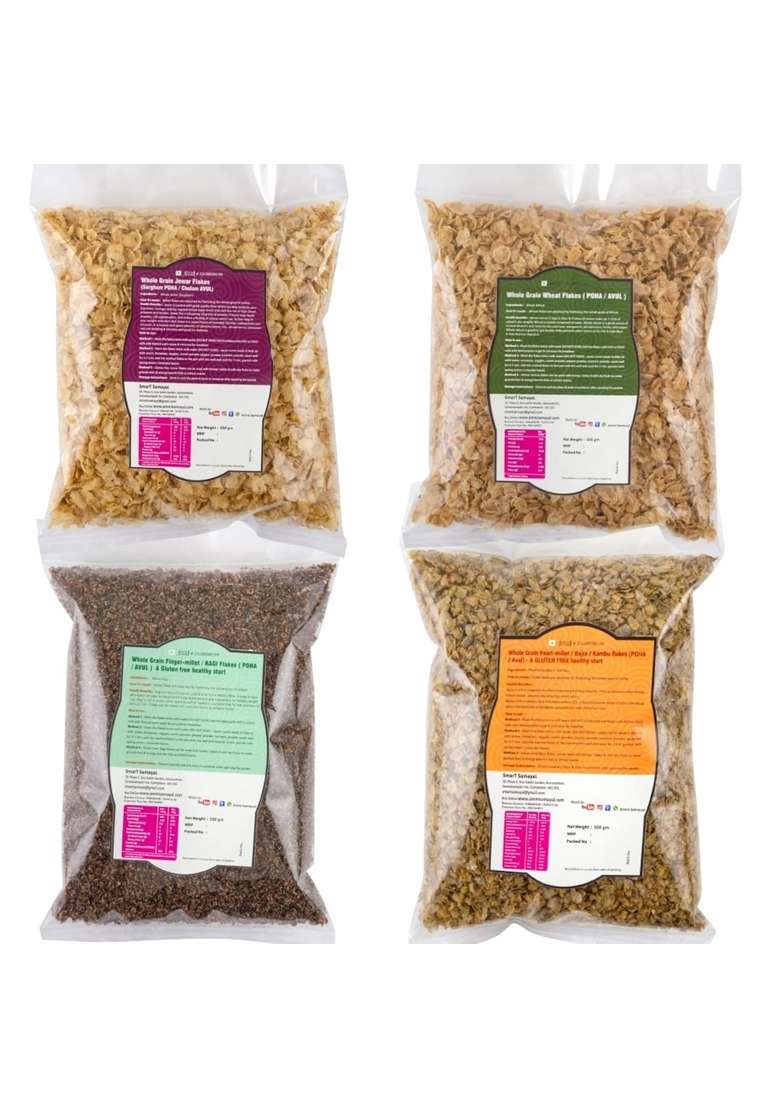 Ammi Samayal Combo Of Bajra, Jowar, Wheat And Ragi Flakes (Poha) | Organic Gluten Free High Fiber Flakes | Breakfast Combo Cereal Poha | Miracle Millet Best For Weight Loss | Pack Of 4 | 500G Each - Indya