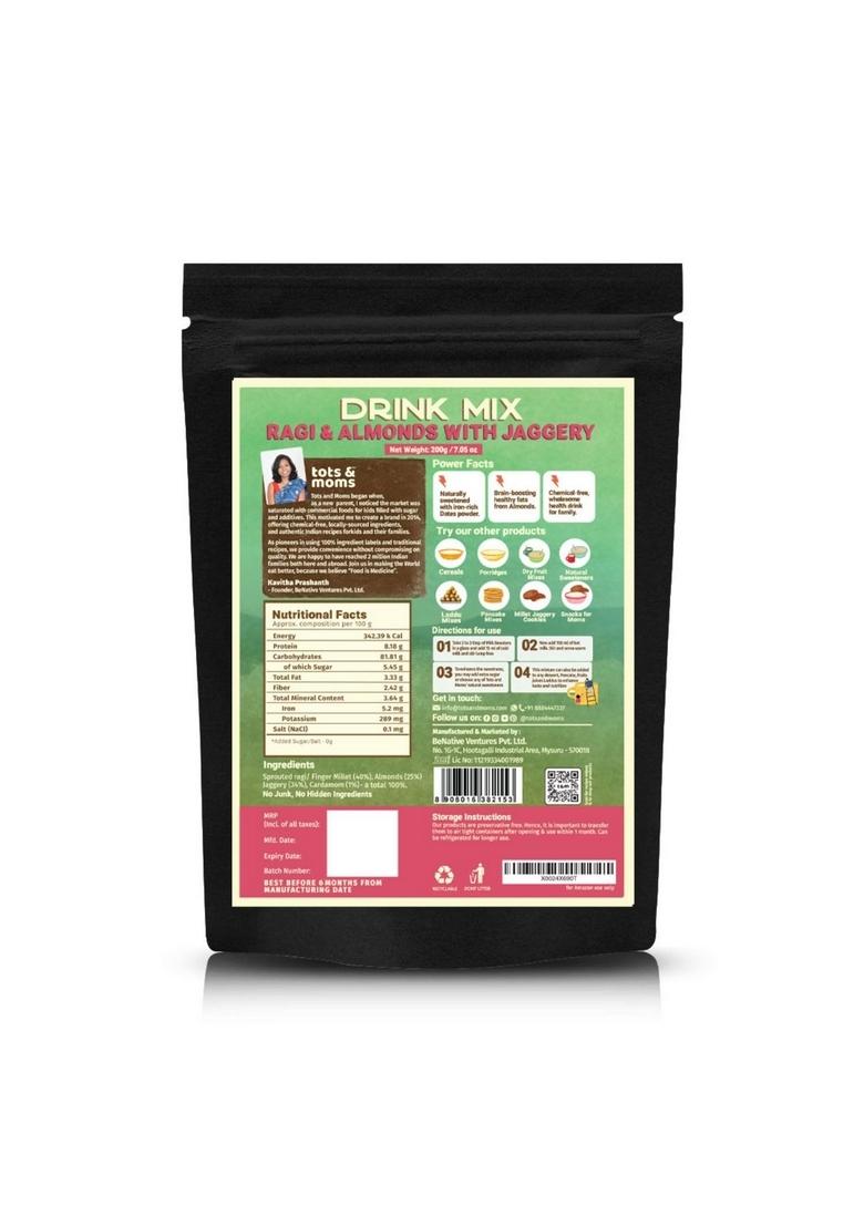 Tots And Moms No Sugar Drink Mix With Jaggery For Kids|Naturally Sweetened With Jaggery|No Sugar No Milk Powder No Preservatives Made Fresh|200G (200 G (Pack Of 1),Sprouted Ragi & Almond With Jaggery)