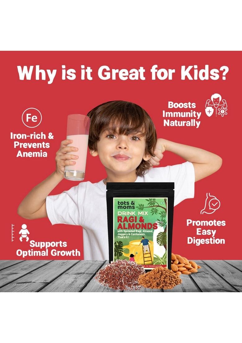Tots And Moms No Sugar Drink Mix With Jaggery For Kids|Naturally Sweetened With Jaggery|No Sugar No Milk Powder No Preservatives Made Fresh|200G (200 G (Pack Of 1),Sprouted Ragi & Almond With Jaggery)