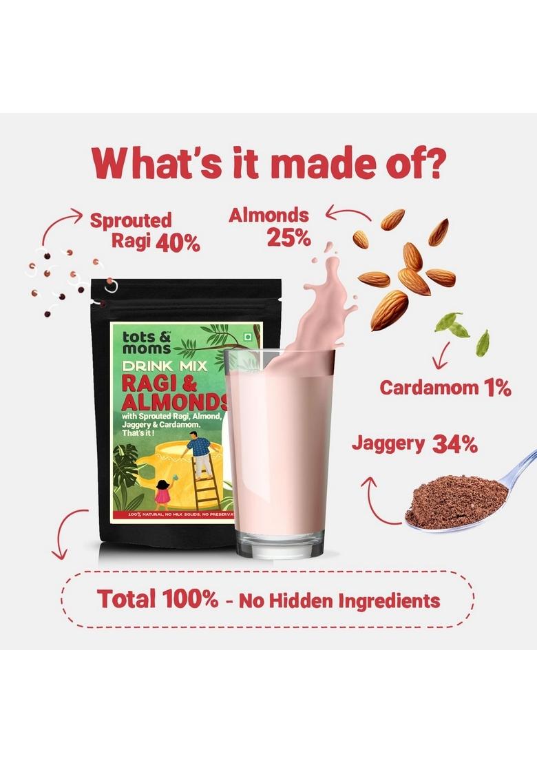 Tots And Moms No Sugar Drink Mix With Jaggery For Kids|Naturally Sweetened With Jaggery|No Sugar No Milk Powder No Preservatives Made Fresh|200G (200 G (Pack Of 1),Sprouted Ragi & Almond With Jaggery)
