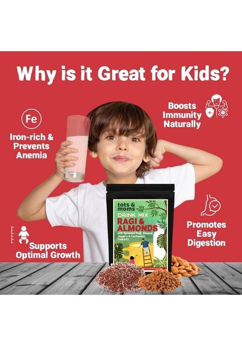Tots And Moms No Sugar Drink Mix With Jaggery For Kids|Naturally Sweetened With Jaggery|No Sugar No Milk Powder No Preservatives Made Fresh|200G (200 G (Pack Of 1),Sprouted Ragi & Almond With Jaggery)
